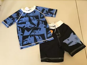 NWT Gymboree Boys Rash Guard Shark Swim trunk Shorts Swimsuit Set UPF 50+ - Picture 1 of 3