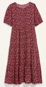 Old Navy Burgundy Floral Tiered Midi Dress 3X Ditsy Puff Sleeve Full Button Up - Picture 1 of 19