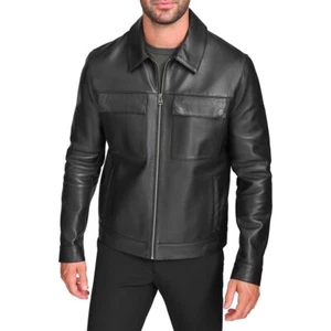 Chaqueta de cuero genuino Cole Haan para hombre con cremallera frontal y bolsillos en el pecho - Imagen 1 de 3