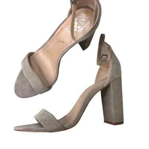 Vince Camuto Suede Shoes Open Toe High Block Heel Nude Neutral Minimalist - Picture 1 of 12