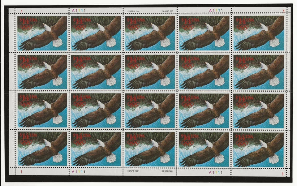 1991 EAGLE in flight $14 Sc 2542 MNH full sheet of 20 plate number A1111-1 - Image 1 of 1