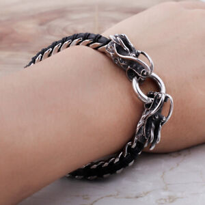 Mens Gothic dragon Stainless Steel Rope Black Leather Bracelet 8mm 8.66''