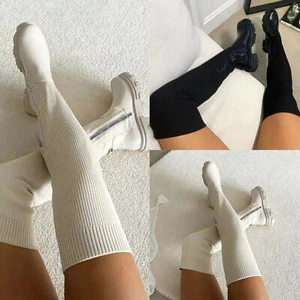 Womens Boots Punk Stretch Knitted Over Knee Thigh High Block Heels Knight Boots - Picture 1 of 15