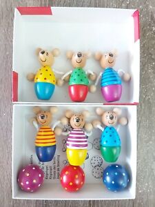Goki Wood Skittle Game Wooden Bowling Mice Animal Toy Carved Building Painted