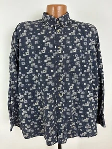 90s Trader Bay Shirt Men XL Navy Geometric Squares Long Sleeve Button Down VTG - Picture 1 of 18