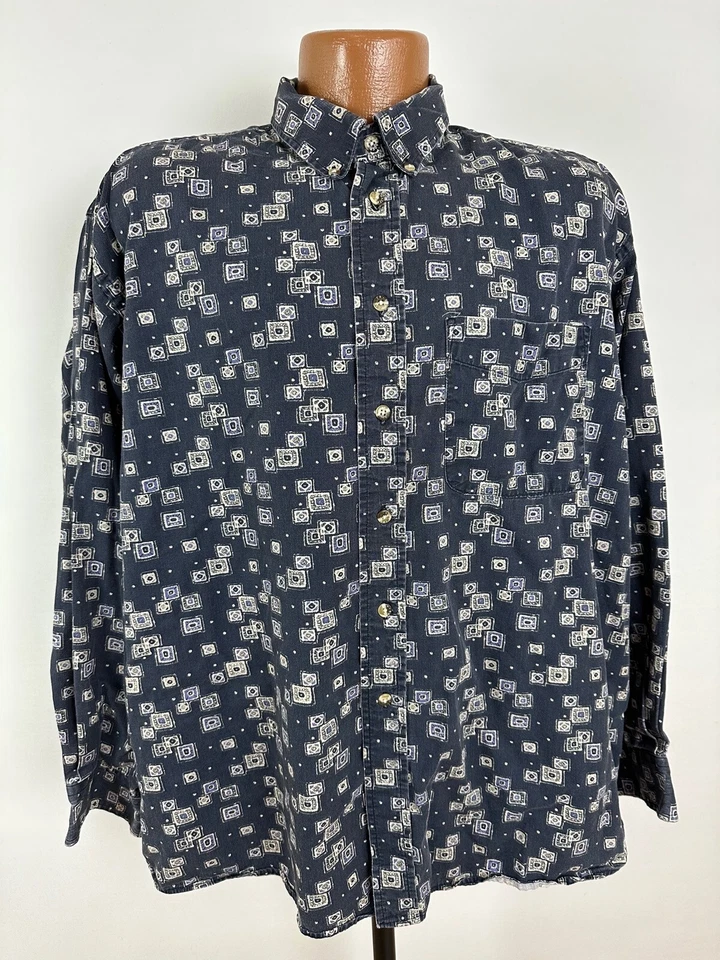 90s Trader Bay Shirt Men XL Navy Geometric Squares Long Sleeve Button Down VTG - Image 1 of 4