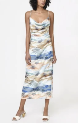 Vestido Vaina GREYLIN NUEVO CON ETIQUETAS $125 Rivas Estampado Palma Capucha Cuello Sin Mangas Midi M Foto 1 de 4