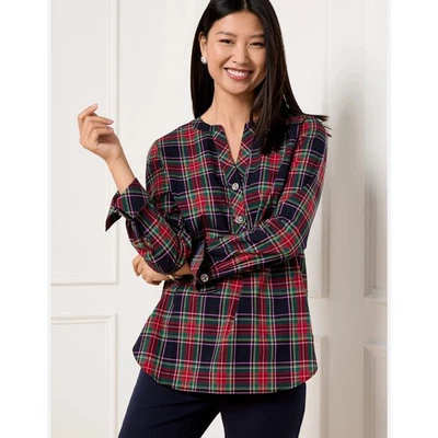 Túnica Talbots Tartán Negro Rojo Verde Vacaciones Cuadros Estrás Botón Foto 1 de 4