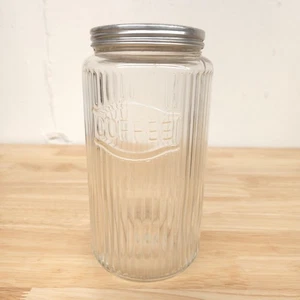 Vtg Hoosier Glass Coffee Jar Ribbed Antique Aluminum Lid Primitive Canister - Picture 1 of 8