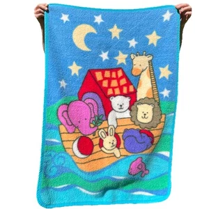 Vtg Owen Noah's Ark Starry Night Baby Blanket Acrylic Stars Blue Animals - Picture 1 of 8