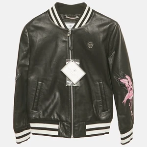 Philipp Plein Kids Black Flamingo Rhinestone Leather Jacket 8 Yrs - Picture 1 of 5