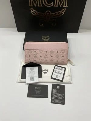 NUEVO CON ETIQUETAS Auténtica Cartera MCM Aren Polvo Rosa Visetos Lona Cuero Cremallera Alrededor Foto 1 de 4