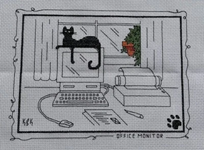 Office Monitor Completed NOT Framed Cross Stitch 6''×8" NOT DMC - Image 1 of 3