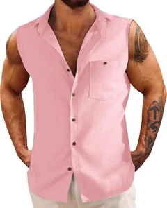 Men's Linen Sleeveless Button Down Shirt Casual Beach Tank Top with Pocket - Picture 1 of 15