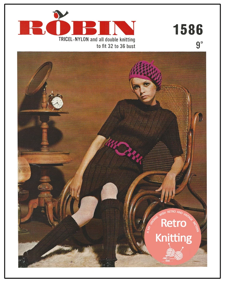 1960s Mod Dress, Hat, socks and belt Vintage Knitting Pattern Copy - Image 1 of 1