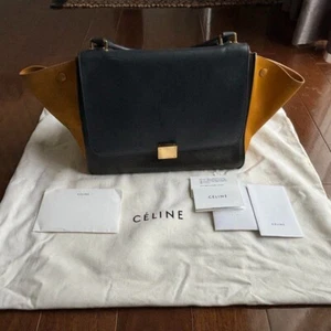 CELINE Trapeze Leather Suede 2way Tote Shoulder Bag Khaki Navy Mustard Used - Picture 1 of 13
