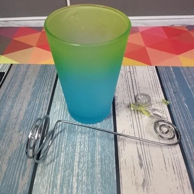 Blue & Green Butterfly Frosted Glass Tealight Holder W/ Candle Metal Lifter - Image 1 of 4