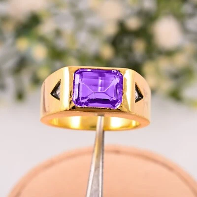 Anillo de oro amatista brasileño facetado natural AAA oro amarillo macizo 14K regalo para hombre. Foto 1 de 3