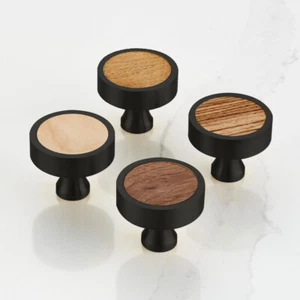 Solid Brushed Brass Black Cupboard Door Drawer Knobs With Wooden Insert - Picture 1 of 20