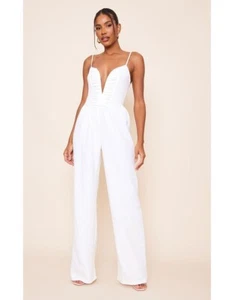 New WHITE Low Deep Cut WOVEN V BAR RUCHED DETAIL STRAPPY JUMPSUIT - Picture 1 of 6