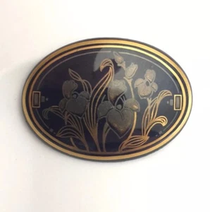 Vintage Signed MICHAELA FREY Art Nouveau Gold Lily Flower Black Pin Brooch 1.25” - Picture 1 of 4