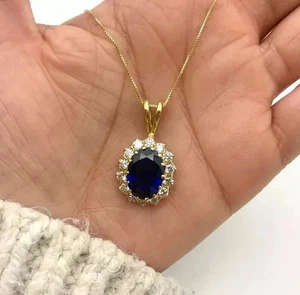 2.50Ct Oval Lab-Created Blue Sapphire Pendant 18'' Chain 14k Yellow Gold Plated - Picture 1 of 5