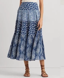 Ralph Lauren Women's Size 12 Blue Floral Tiered Lined Cottage Core Prairie Skirt - Picture 1 of 14