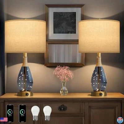 Juego de 2 Lámparas de Mesa de Ratán 23" para Salón Dormitorio USB Mesita de Noche Azul Foto 1 de 4