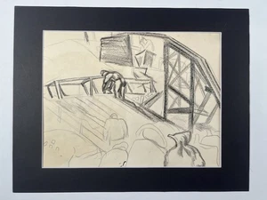 Depression Era WPA Industrial Style Sketch Man Building Bridge Study 11x14” Art - Picture 1 of 13