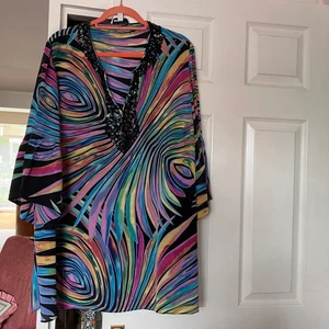 Anna Scholz designer rainbow kaftan top, sequins, 100% silk, UK + size 28, VGC - Picture 1 of 17