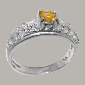 Solid 9k White Gold Natural Citrine & Diamond Womens Band Ring - Sizes J to Z - Picture 1 of 5