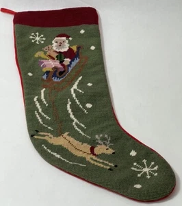Christmas Stocking Needle Point Wool Santa And Sleigh With Presents Reindeer VTG - Picture 1 of 6