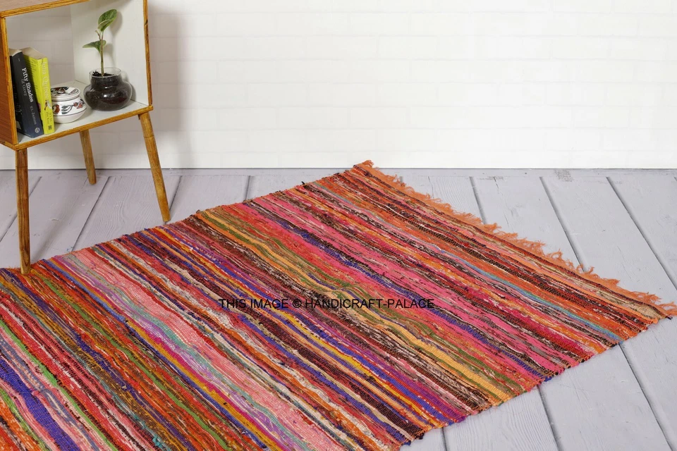 Alfombra de trapo Chindi hecha a mano india decoración de piso corredor algodón alfombra de yoga 5'x3 y 7x5 pies Foto 1 de 1