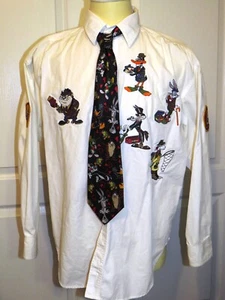 Mens Large Long Sleeve White Looney Tunes Cartoon Characters Button Shirt & Tie - Picture 1 of 12