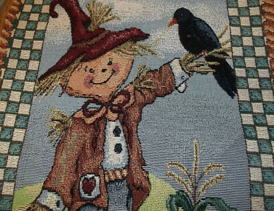 Autumn Table Runner Friendly looking Scarecrow Tapestry-like, tassels 70" x 12" - Image 1 of 4
