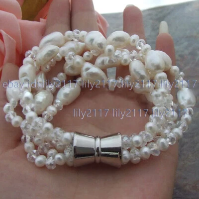 Brazalete de cristal de perlas barrocas blancas Akoya naturales de 5 hilos cierre magnético de 7,5"" Foto 1 de 3