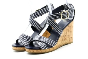 Cole Haan Lillian Wedge Sandals Womens Shoes Size 6 B Blue Snakeskin Ankle Strap - Picture 1 of 12