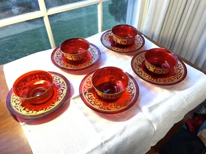 Set 5 Antique Moser Art Glass Ruby Red Hptd Bohemian Blown Bowls & underplates - Picture 1 of 13