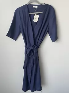 Grae Cove Leinen marineblau Halstuchkleid halbrärmlig Midi Damen Größe Small neu mit Etikett - Bild 1 von 10