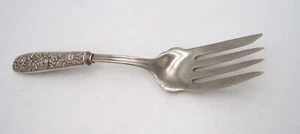 STERLING HANDLE MEAT SERVING FORK REPOUSSE PATTERN ROSES  - Picture 1 of 5