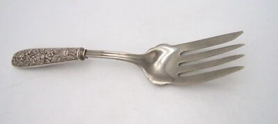 STERLING HANDLE MEAT SERVING FORK REPOUSSE PATTERN ROSES  - Image 1 of 4
