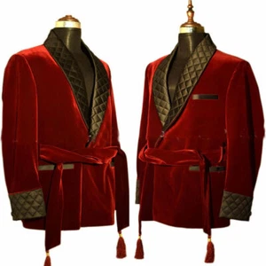 Men Maroon Smoking Suits Elegant Luxury Belted Designer Party Wear Blazer Coat - Picture 1 of 8