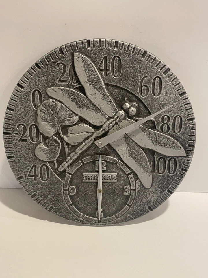 12" ROUND SPRINGFIELD DRAGONFLY METAL THERMOMETER CLOCK - Image 1 of 4