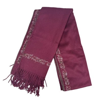 Bufanda Salvatore Ferragamo Floral Bordada Vino Rojo Cachemira con Flecos - Italia Foto 1 de 3