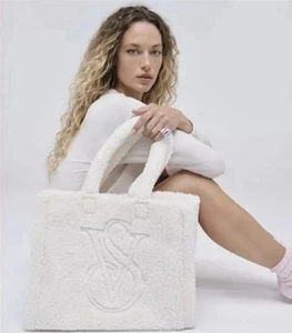 nwt VICTORIA's SECRET ivory/cream SHERPA vs logo TOTE CARRYALL BAG - Picture 1 of 8