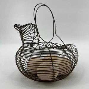 Vintage Wire Egg Basket with 4 Decorative Ceramic Eggs Chicken Shaped  - Picture 1 of 11