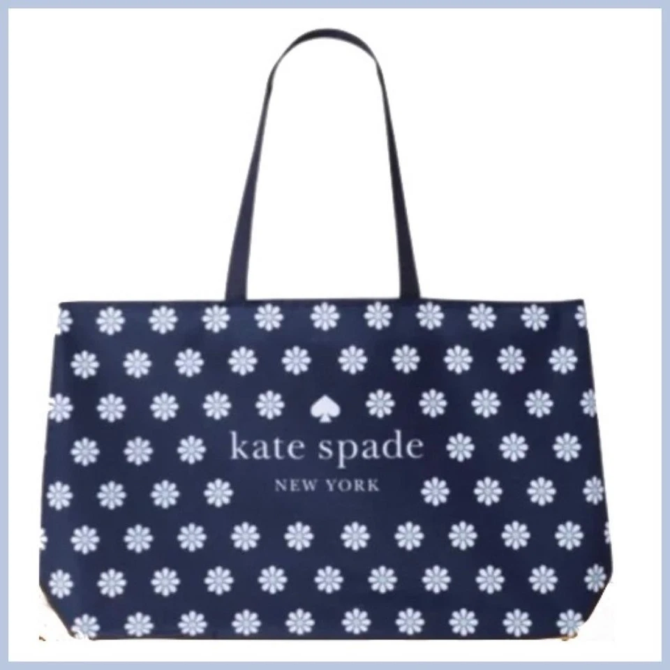 Kate Spade Navy Blue White Daisy Logo Extra Large Canvas Tote Bag Floral