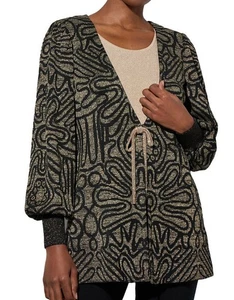 Neu mit Etikett Ming Wang L Lurex Metallic Swirl Schleife verziert vorne offen Jacke schwarz gold - Bild 1 von 7