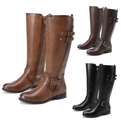 Botas de montar para mujer punta redonda planas tacón bajo moto botas hasta la rodilla Foto 1 de 2