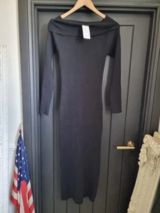 New Look Black Ribbed Off Shoulder LS Knit Midaxi Dress Size UK 12 BNWT - Picture 1 of 20